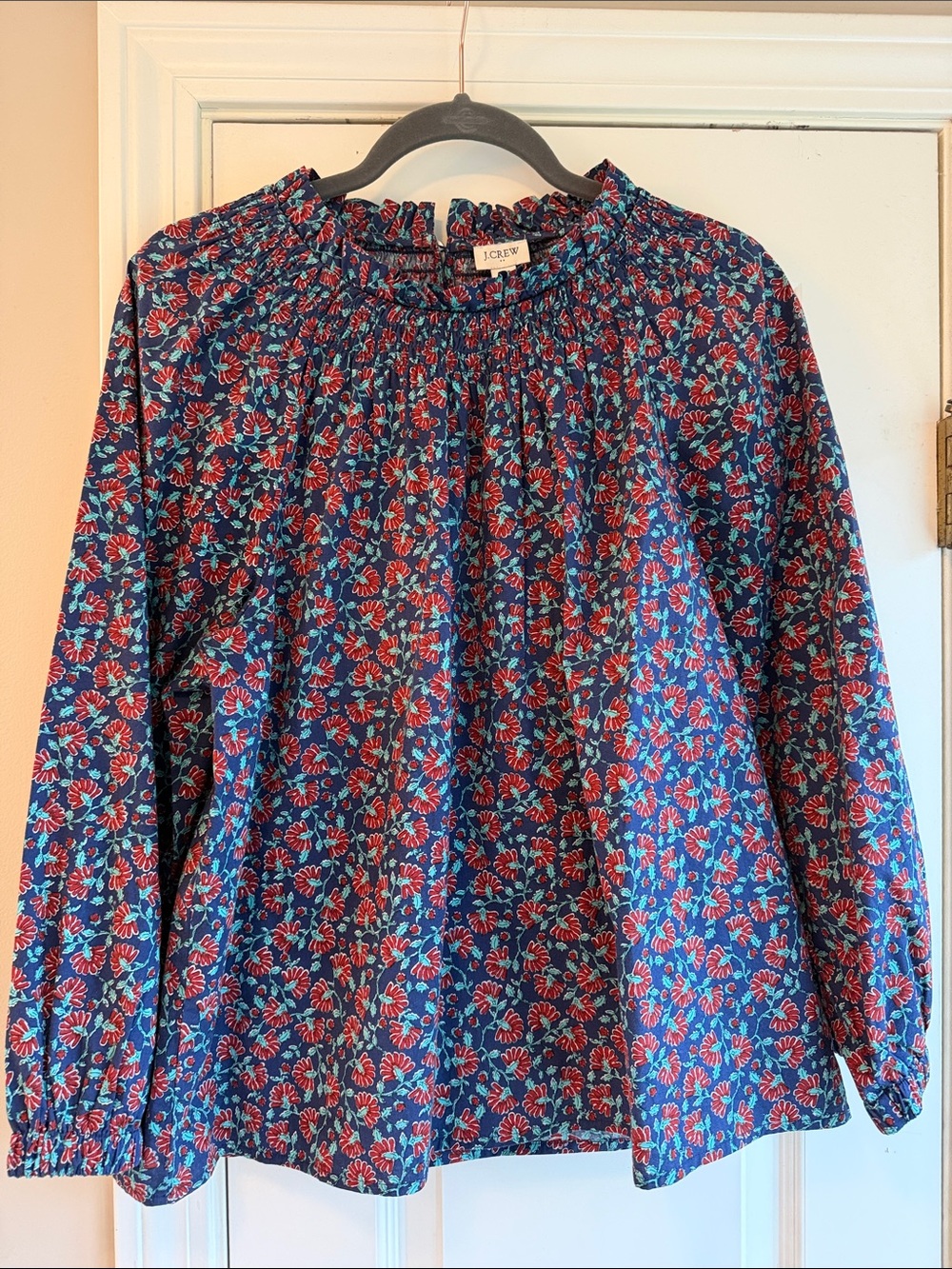 J. Crew Navy Blue Floral Smocked Neck Blouse